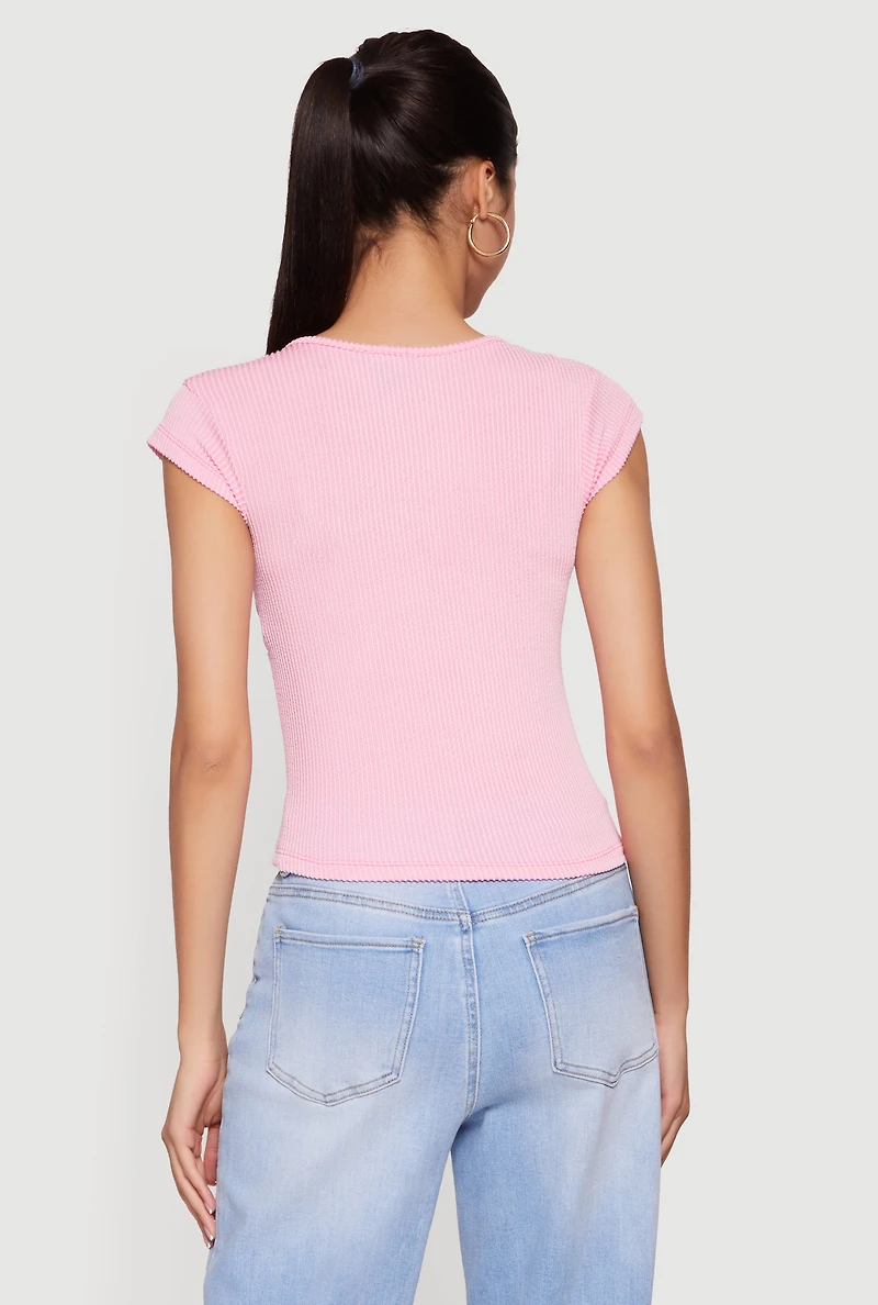 Ribbed Knit V Neck Cap Sleeve Crop Top