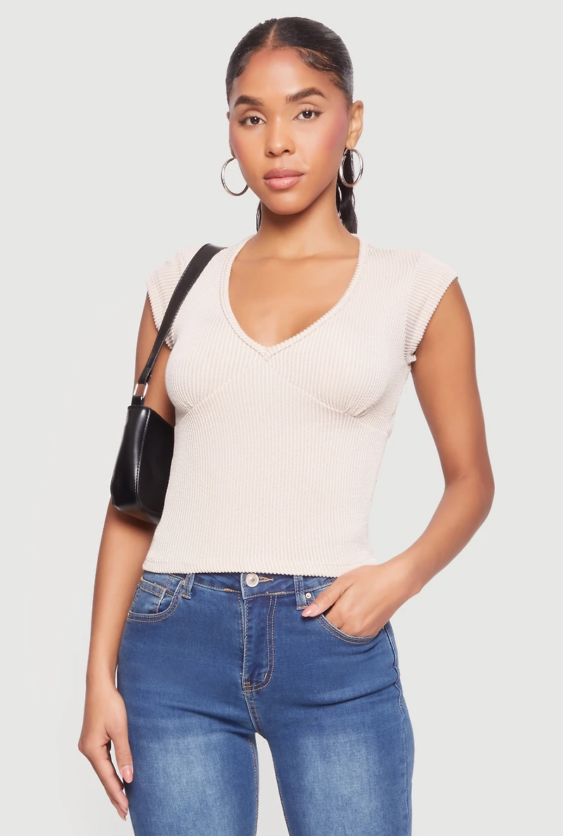 Ribbed Knit V Neck Cap Sleeve Crop Top