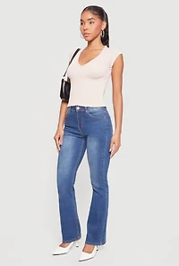 Ribbed Knit V Neck Cap Sleeve Crop Top
