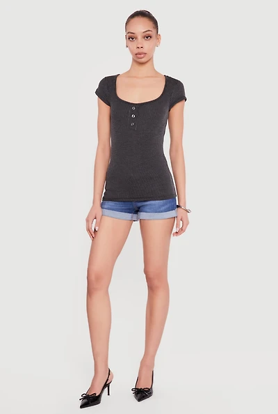 Ribbed Knit Cap Sleeve Scoop Neck Top