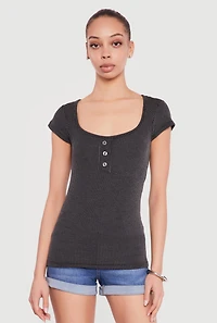 Ribbed Knit Cap Sleeve Scoop Neck Top