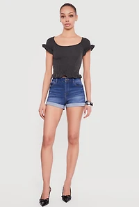 Ribbed Knit Ruffled Hem Scoop Neck Top