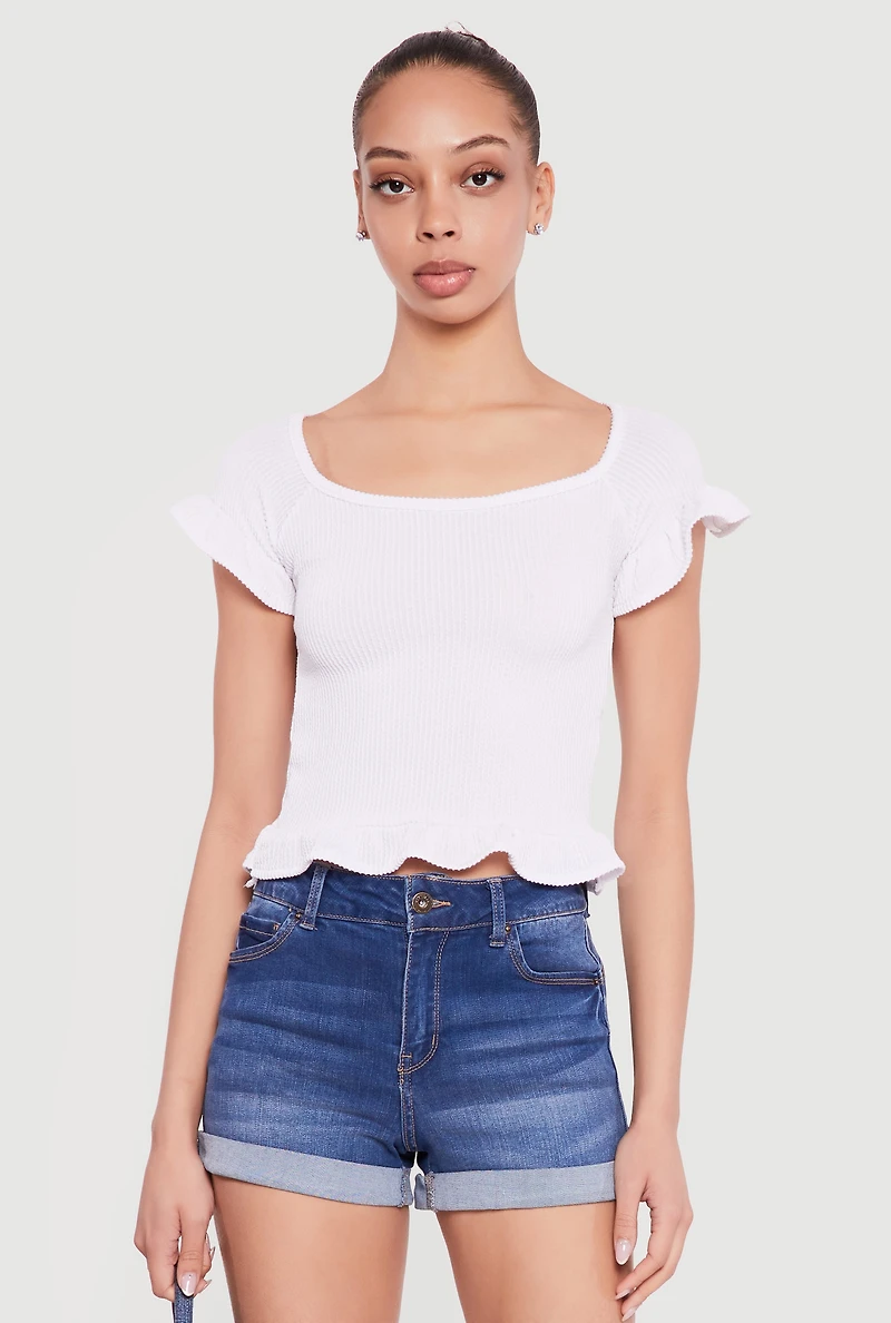 Ribbed Knit Ruffled Hem Scoop Neck Top