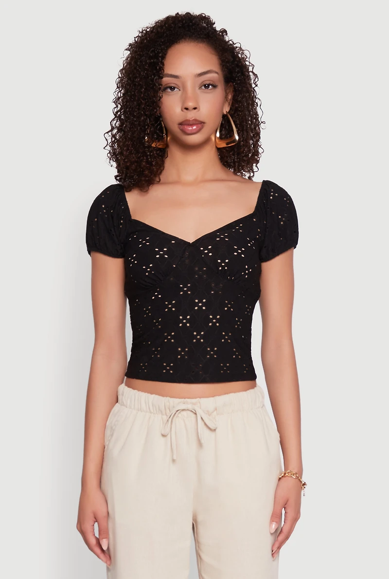Womens Eyelet Knit Top, Black, Size S