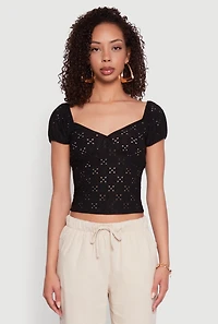 Womens Eyelet Knit Top, Black, Size S