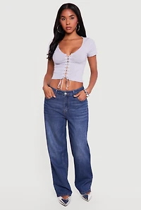 Lace Up Front Short Sleeve V-Neck Crop Top