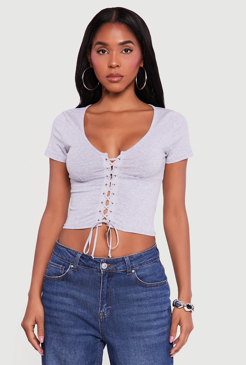 Lace Up Front Short Sleeve V-Neck Crop Top