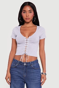 Lace Up Front Short Sleeve V-Neck Crop Top