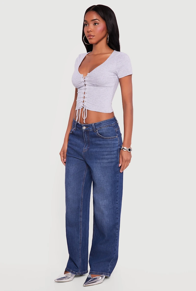 Lace Up Front Short Sleeve V-Neck Crop Top