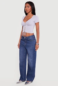 Lace Up Front Short Sleeve V-Neck Crop Top