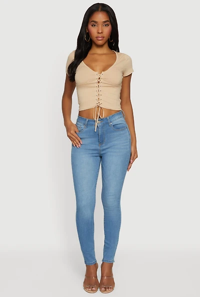 Lace Up Front Short Sleeve V-Neck Crop Top