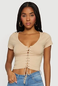 Lace Up Front Short Sleeve V-Neck Crop Top