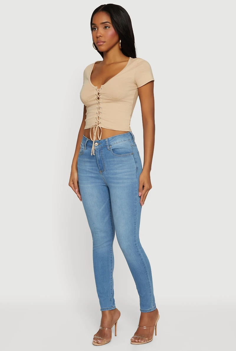 Lace Up Front Short Sleeve V-Neck Crop Top