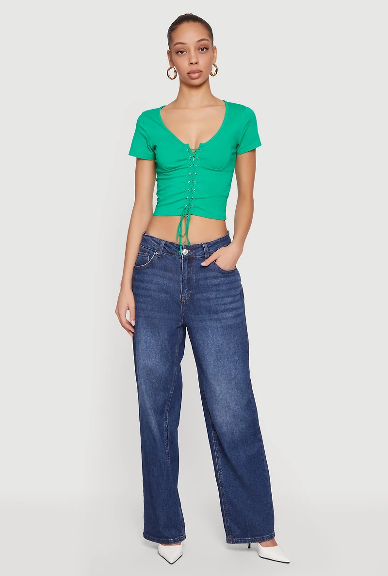 Lace Up Front Short Sleeve V-Neck Crop Top