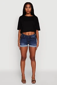 Womens Cropped Drawstring Hem Short Sleeve Crew Neck Top,