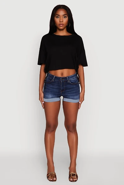 Womens Cropped Drawstring Hem Short Sleeve Crew Neck Top,