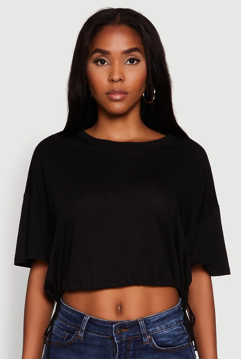 Womens Cropped Drawstring Hem Short Sleeve Crew Neck Top,