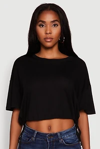 Womens Cropped Drawstring Hem Short Sleeve Crew Neck Top,