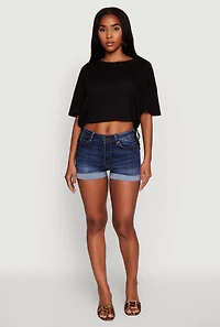 Womens Cropped Drawstring Hem Short Sleeve Crew Neck Top,