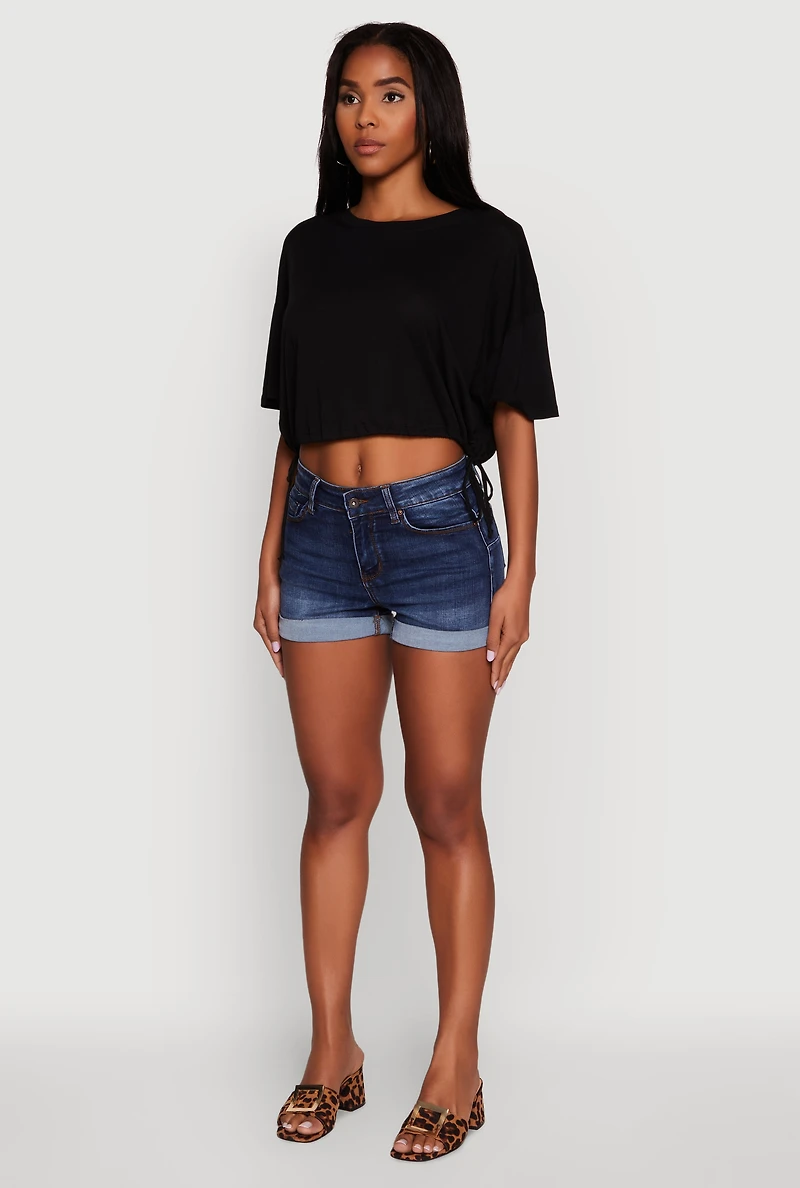 Womens Cropped Drawstring Hem Short Sleeve Crew Neck Top,