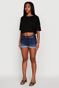 Womens Cropped Drawstring Hem Short Sleeve Crew Neck Top,