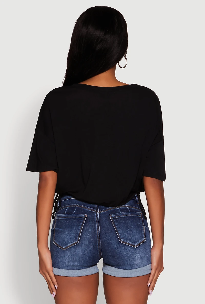 Womens Cropped Drawstring Hem Short Sleeve Crew Neck Top,