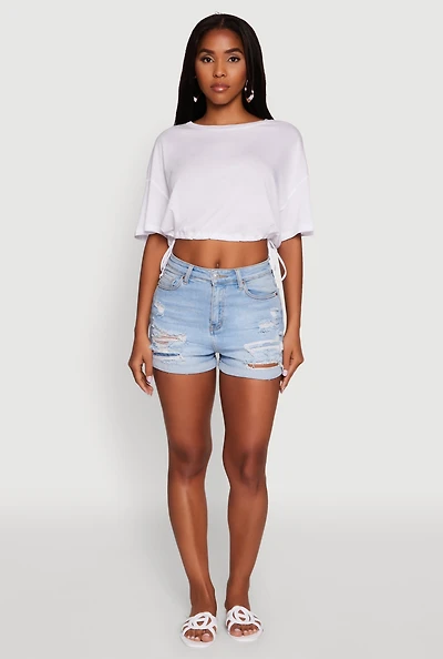 Womens Cropped Drawstring Hem Short Sleeve Crew Neck Top, White, Size M