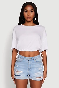 Womens Cropped Drawstring Hem Short Sleeve Crew Neck Top, White, Size M