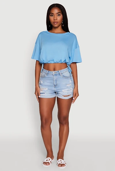 Womens Cropped Drawstring Hem Short Sleeve Crew Neck Top,