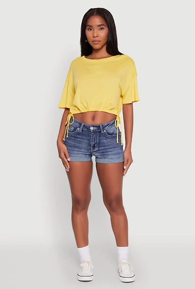 Womens Cropped Drawstring Hem Short Sleeve Crew Neck Top, Yellow, Size S