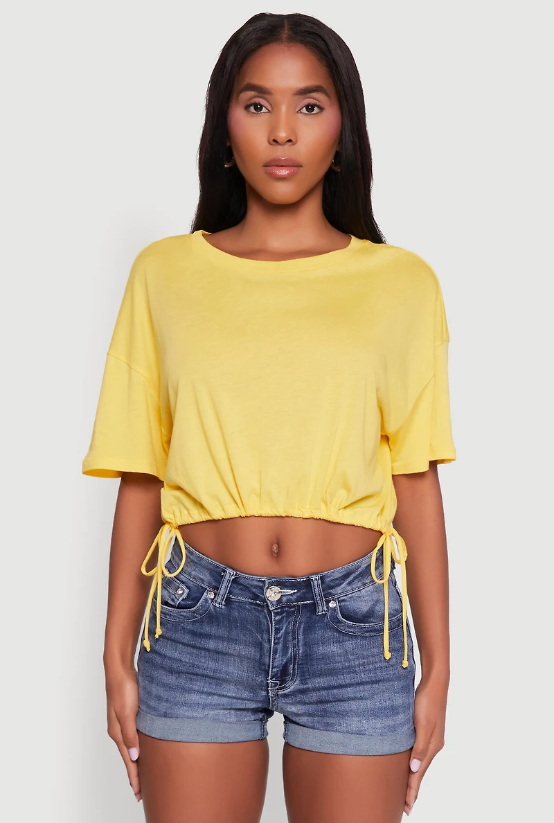 Womens Cropped Drawstring Hem Short Sleeve Crew Neck Top, Yellow, Size S