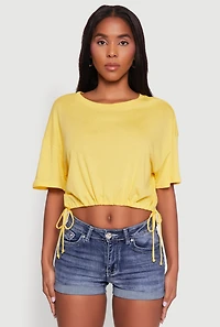 Womens Cropped Drawstring Hem Short Sleeve Crew Neck Top, Yellow, Size S