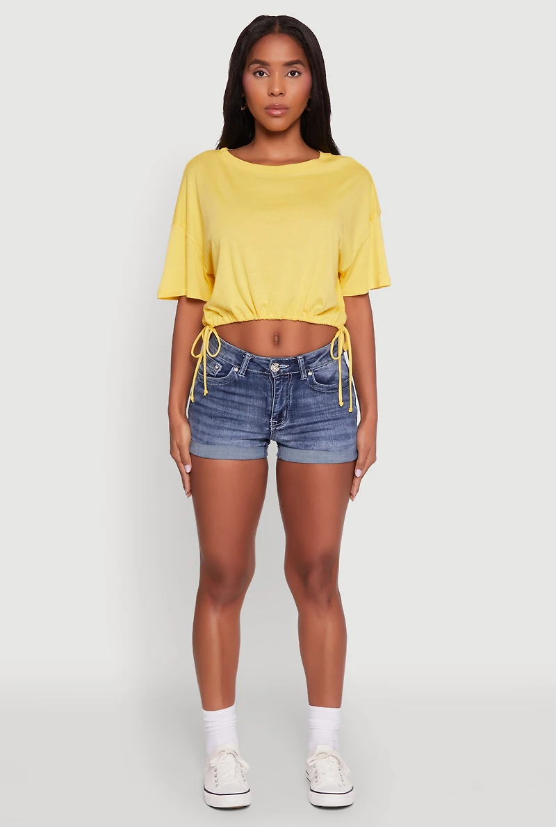 Womens Cropped Drawstring Hem Short Sleeve Crew Neck Top, Yellow, Size S