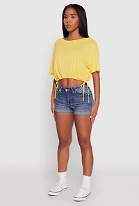 Womens Cropped Drawstring Hem Short Sleeve Crew Neck Top, Yellow, Size S