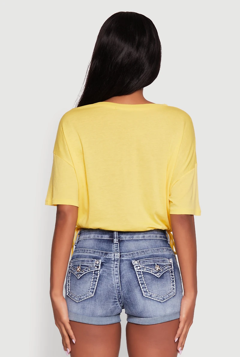 Womens Cropped Drawstring Hem Short Sleeve Crew Neck Top, Yellow, Size S