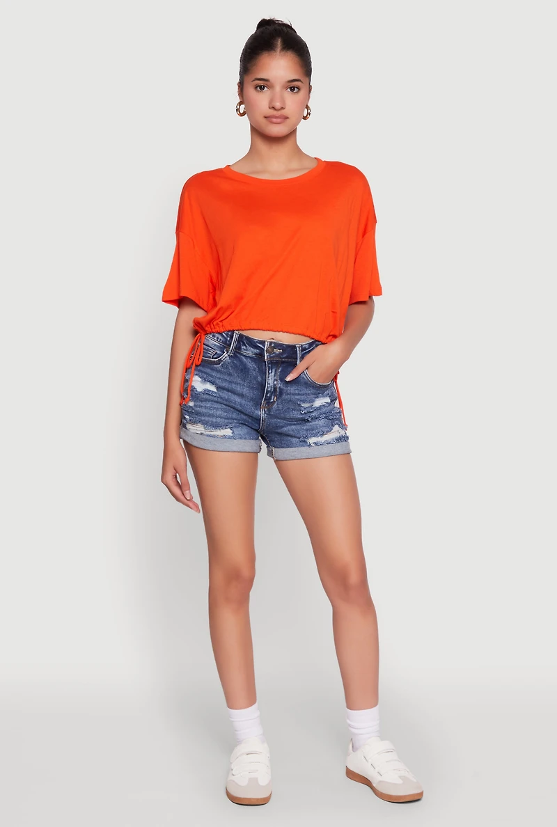 Womens Cropped Drawstring Hem Short Sleeve Crew Neck Top, S