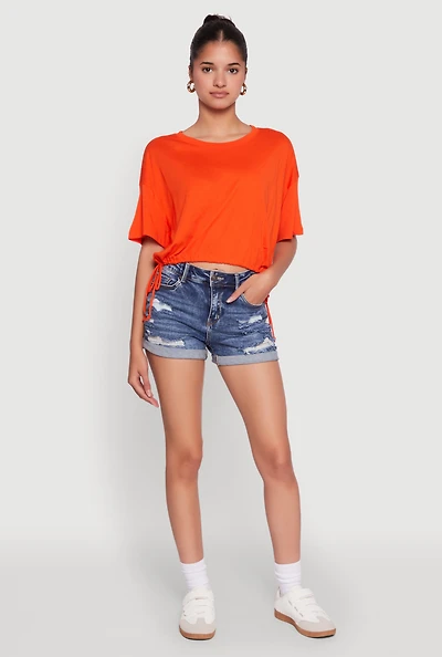 Womens Cropped Drawstring Hem Short Sleeve Crew Neck Top, S