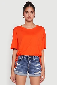 Womens Cropped Drawstring Hem Short Sleeve Crew Neck Top, S