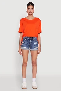 Womens Cropped Drawstring Hem Short Sleeve Crew Neck Top, S