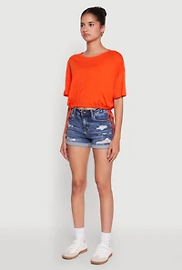 Womens Cropped Drawstring Hem Short Sleeve Crew Neck Top, S