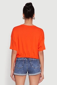 Womens Cropped Drawstring Hem Short Sleeve Crew Neck Top, S