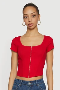 Rib Knit Hook and Eye Front Corset Crop Top