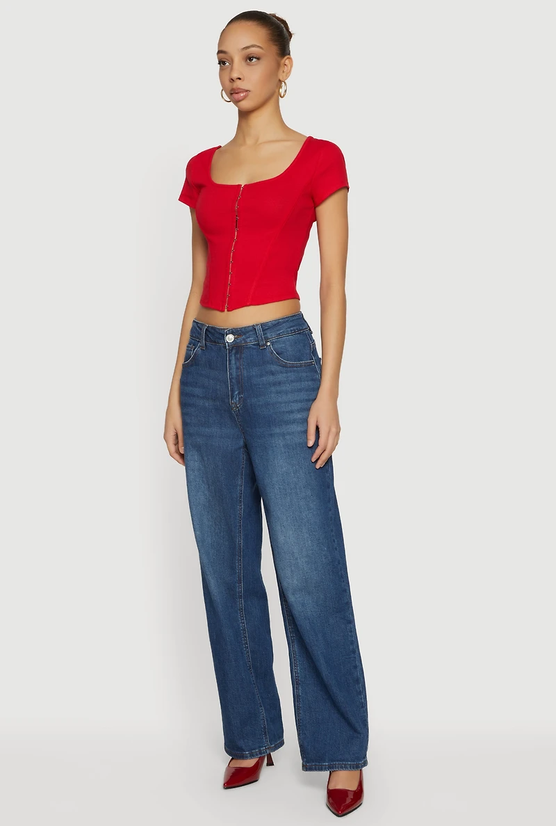 Rib Knit Hook and Eye Front Corset Crop Top