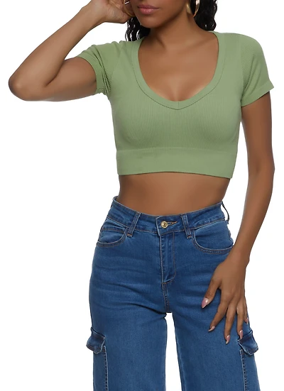 Womens Seamless Ribbed V Neck Crop Top,