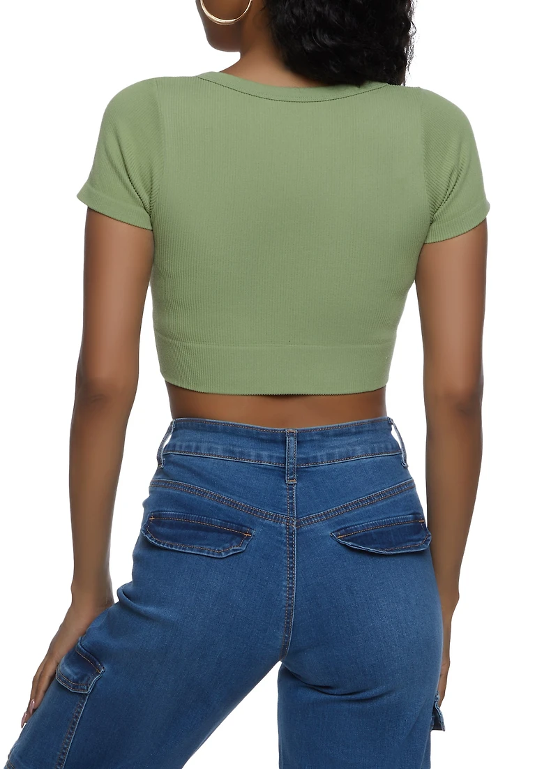 Womens Seamless Ribbed V Neck Crop Top, Green, Size M-L