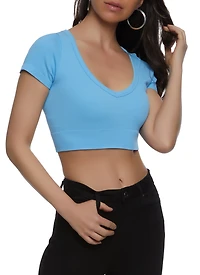 Womens Seamless Ribbed V Neck Crop Top,