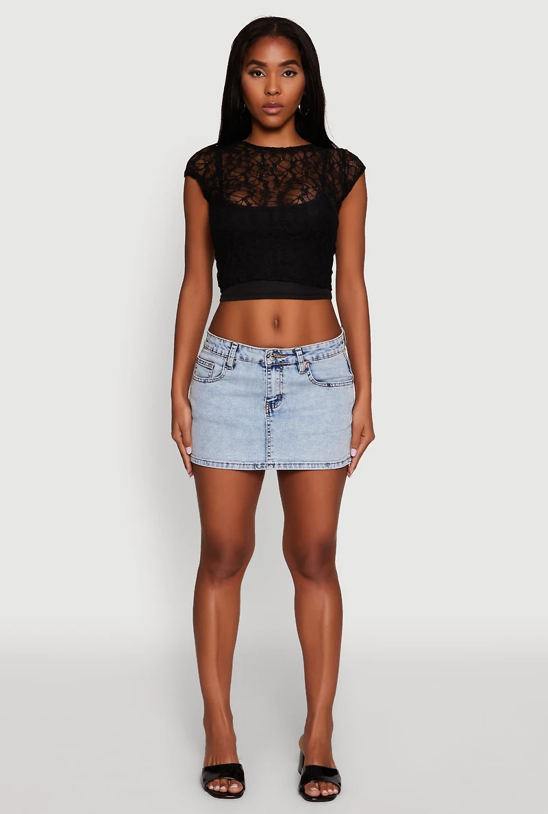 Womens Ambiance Lace Overlay Cropped Cap Sleeve Blouse, Black,