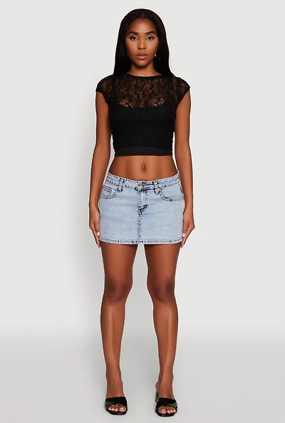 Womens Ambiance Lace Overlay Cropped Cap Sleeve Blouse, Black,