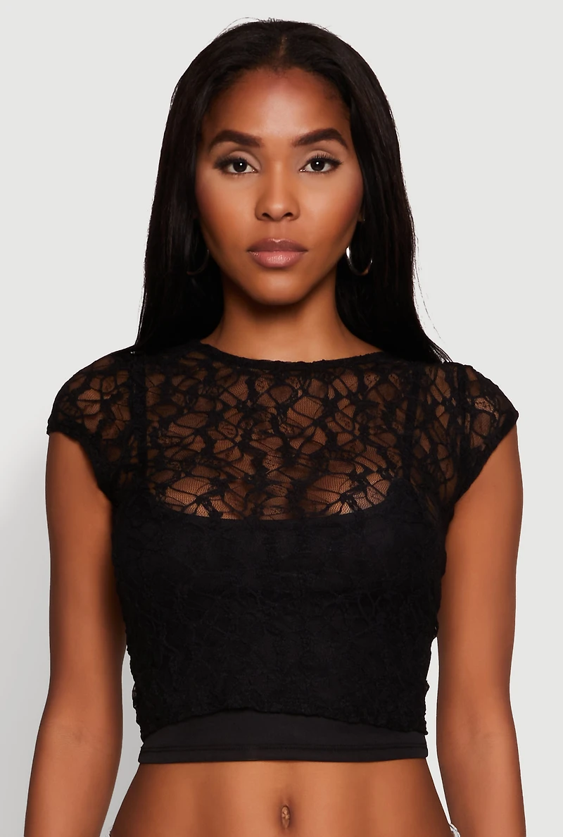Womens Ambiance Lace Overlay Cropped Cap Sleeve Blouse, Black,