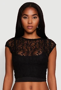 Womens Ambiance Lace Overlay Cropped Cap Sleeve Blouse, Black,